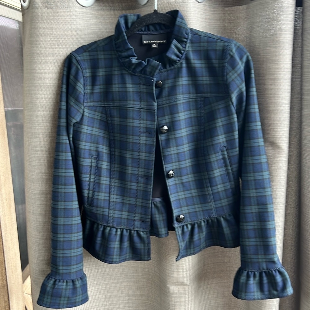Banana Republic Navy and Green Plaid Ruffle Hem Blazer